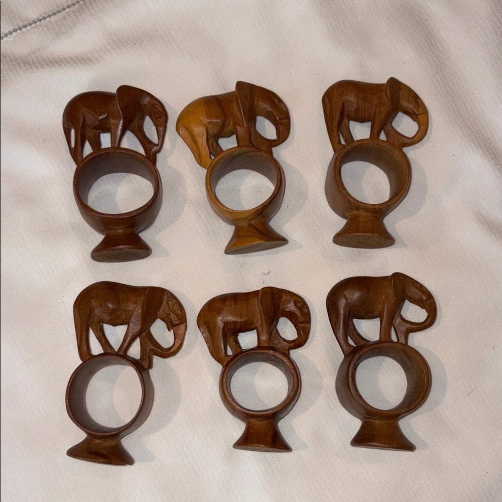 Set of 6 Carved African Elephant Wooden Napkin Rings 1980's